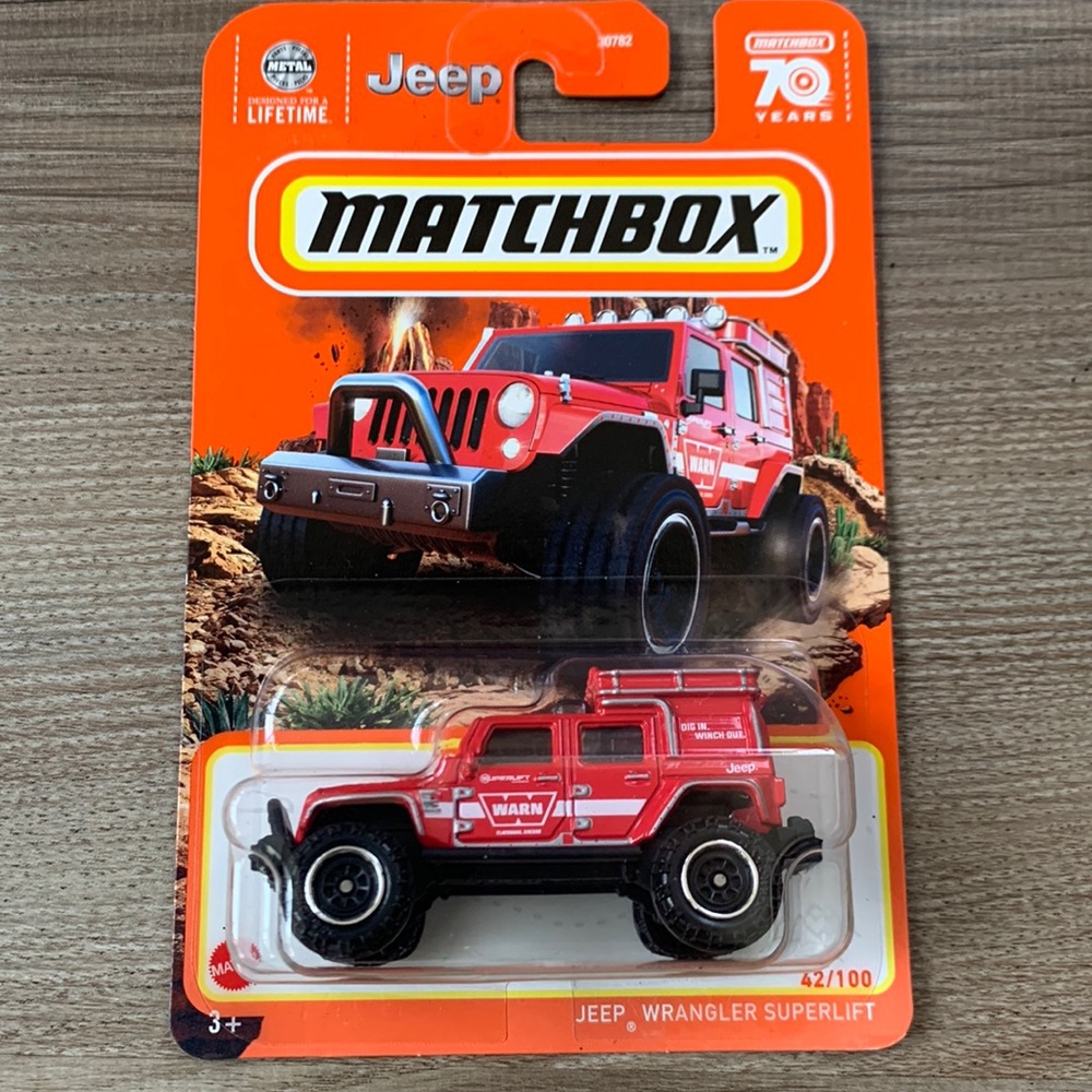 Red Jeep Wrangler Superlift Matchbox car 2023 Off-Road Truck 70 Years Edition